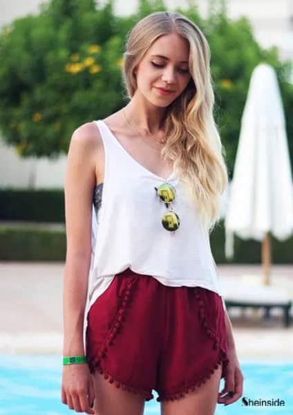 White Scoop Neck Tank Top with Red Mini Shorts