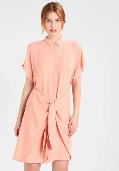 Peach Wide Short Sleeve Tie Waist Shirt Dress