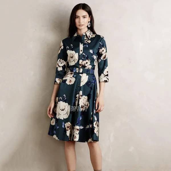 Navy and White Floral Belted Shirt Dress