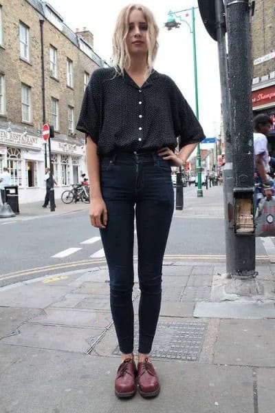 Black Relaxed Fit Shirt with Skinny Ankle Jeans & Oxford Shoes