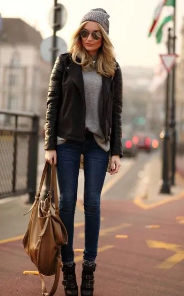 Grey Knit Sweater with Black Biker Jacket