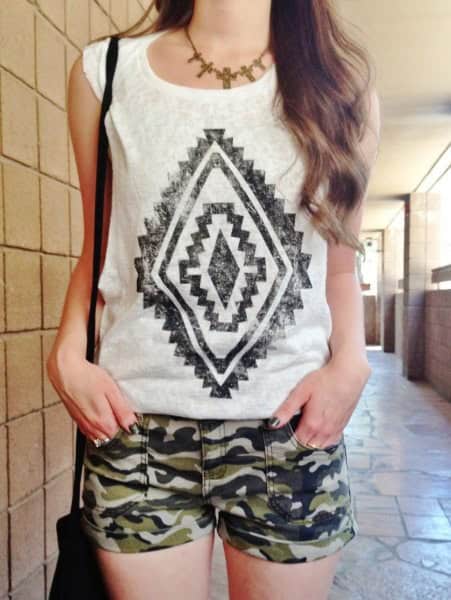 White Sleeveless Print Tee with Camo Mini Shorts