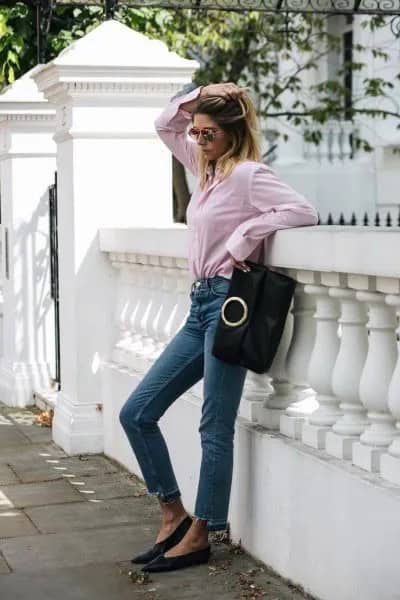 Button Up Shirt with High Rise Cropped Skinny Jeans