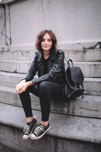 Black Studded Collar Leather Jacket with Skinny Jeans & Low Top Converse