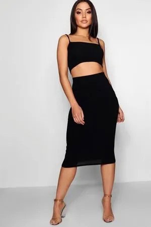 Black Cropped Square Neck Vest Top with High Waisted Midi Bodycon Skirt