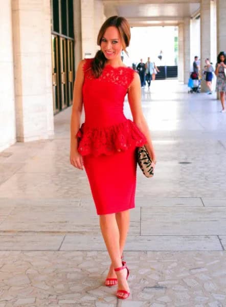 Red Lace Top with Bodycon Midi Skirt