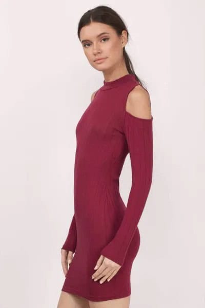 Burgundy Cold Shoulder Mock Neck Mini Bodycon Dress