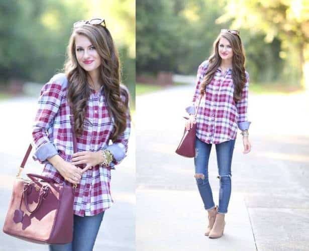 Blue & Blush Plaid Shirt with Ripped Knee Skinny Jeans