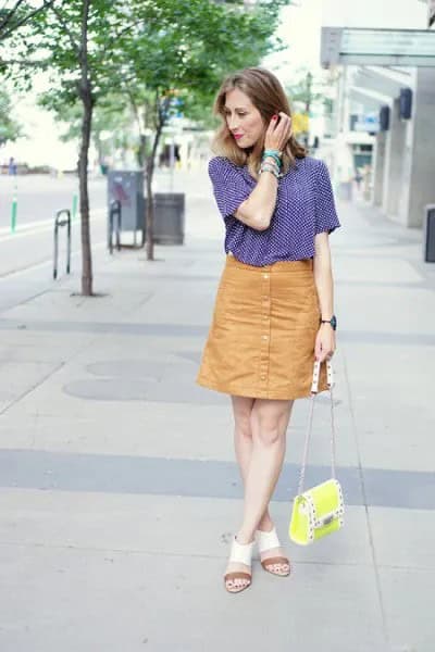 Navy and White Patterned Short Sleeve Shirt with Orange Button Down Skirt