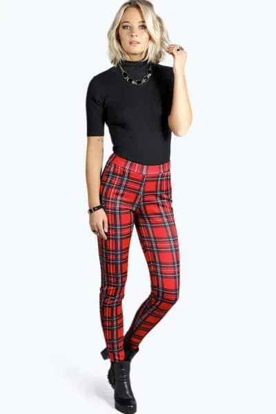 Black Short Sleeve Form Fitting Mock Neck Sweater with Red High Rise Plaid Pants