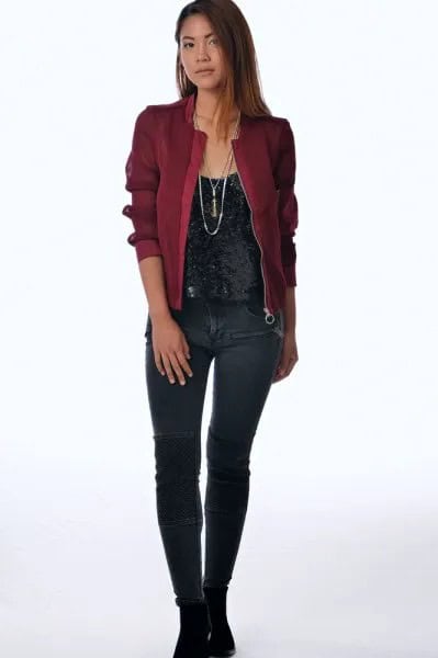 Maroon Bomber Jacket with Black Velvet Vest Top