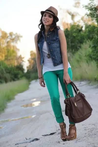 Blue Denim Mini Vest with White Tank Top & Grey Slim Fit Cuffed Pants