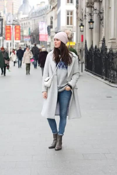 Grey Knit Hat & Matching Long Winter Coat & Cuffed Jeans