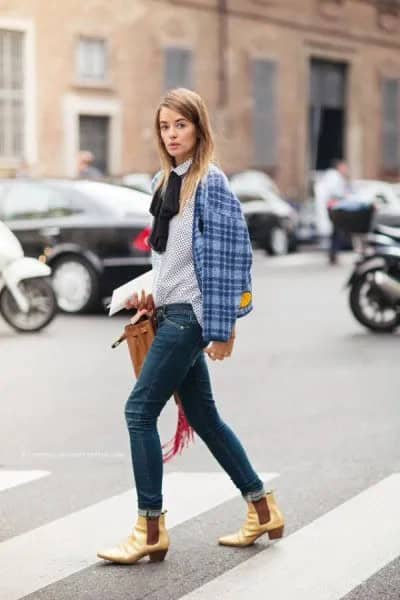 White and Black Bow Tie Blouse with Blue Plaid Jacket