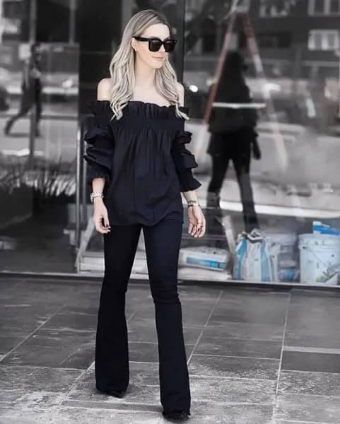 Black Off The Shoulder Blouse with Flared Pants