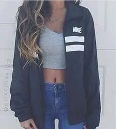 Grey Crop Top with Oversized Windbreaker & Blue High Rise Skinny Jeans