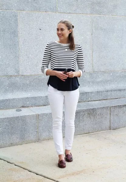 Black and White Striped Long Sleeve Cropped Tee with Blouse