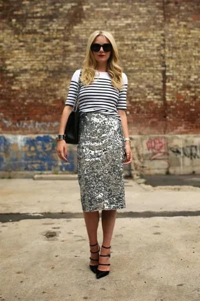 White and Black Striped Knit Pullover Sweater with Gold Midi Sequin Skirt