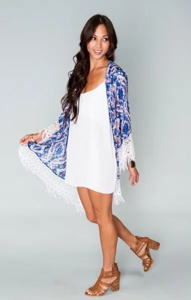 Blue Kimono with White Scoop Neck Mini Shift Dress