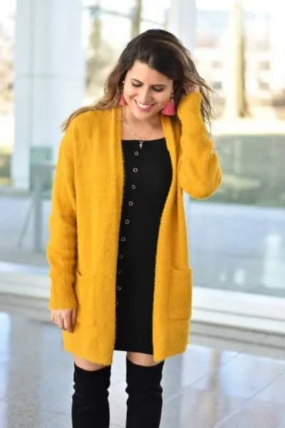 Mustard Long Cardigan with Black Mini Shift Dress