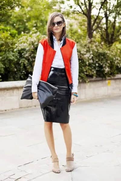 Bright Red College Sleeveless Jacket with White Button Up Shirt & Black Leather Skirt