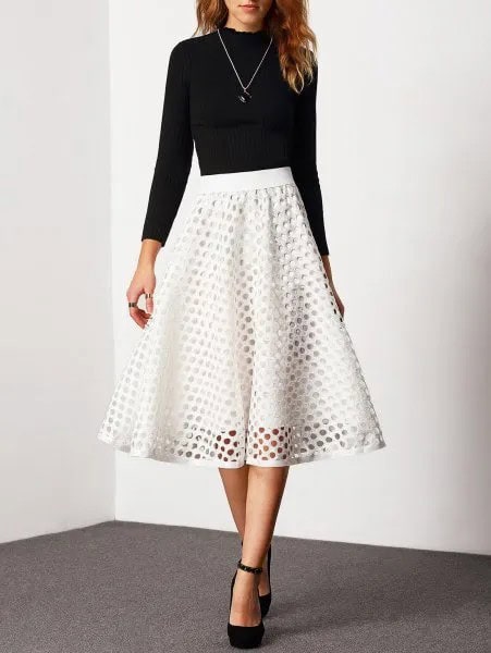 Black Crew Neck Fitted Sweater with White Semi-Sheer High Waisted Midi Flared Skirt