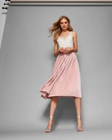 White Camisole with Pale Pink Pleated Midi Skirt