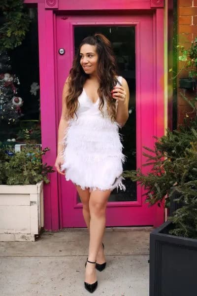 White Deep V Neck Feather Babydoll Dress