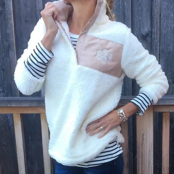 White Fleece Sweater with Long Sleeve Striped Tee