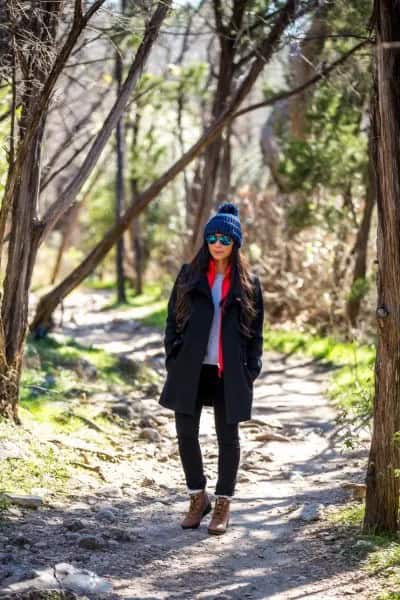 Brown Hiking Boots with Grey Sweater & Black Wool Coat