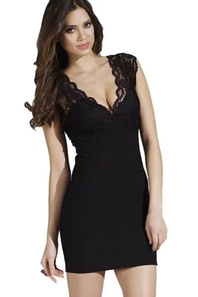 Black Deep V Neck Bodycon Cap Sleeve Mini Dress