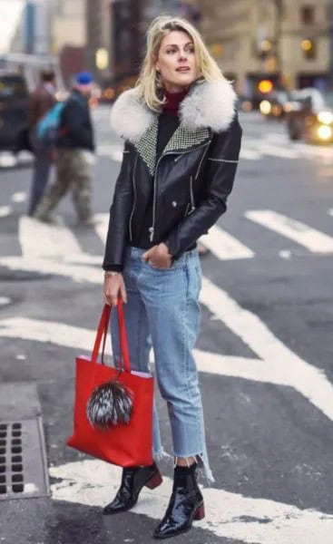 Black Leather Jacket with Cropped Boyfriend Jeans & Ankle Boots