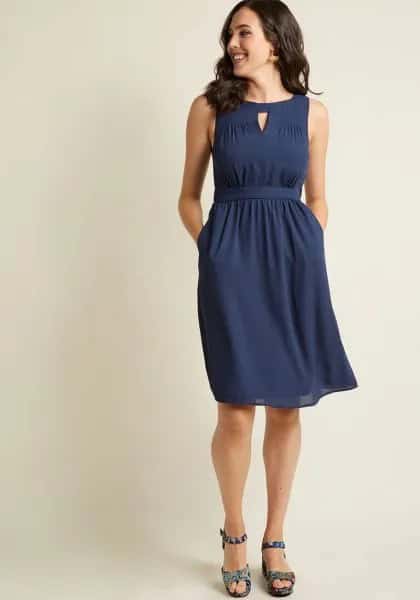 Navy Gathered Waist Knee Length Sheath Dress