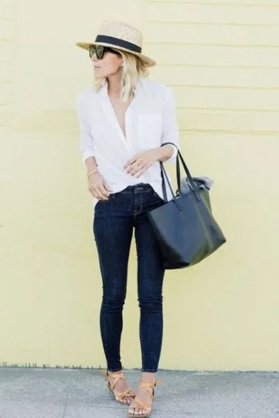 Straw Hat with White Button Up Shirt & Skinny Jeans