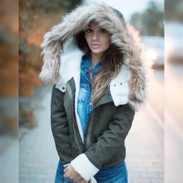 Grey Fur Hooded Jacket with Blue Chambray Button Up Shirt