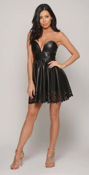 Black Sweetheart Neckline Fit and Flare Faux Leather Mini Dress