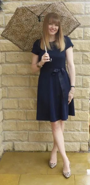 Navy Blue Gathered Waist Knee Length Dress with Leopard Print Heels