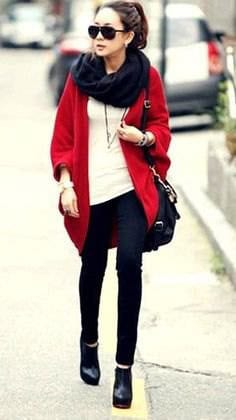 Oversized Cardigan with Black Infinity Scarf & Off-White Top