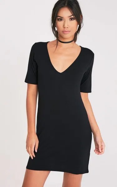 Black V Neck T Shirt Dress with Choker