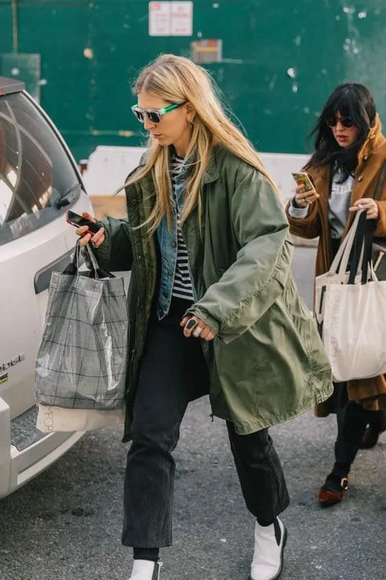 White Boots and Olive Green Parka