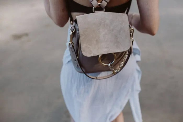 White Chiffon Breezy Mini Dress with Grey Suede Backpack Purse