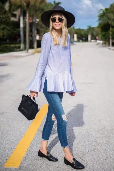 Striped Peplum Top with Ripped Jeans