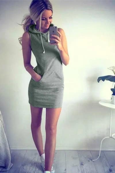 Sleeveless Hoodie Dress with White Sneakers