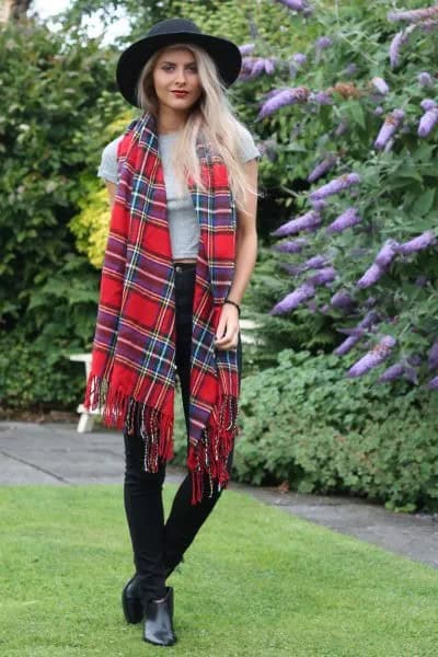 Red and Navy Tartan Scarf with Black Felt Hat