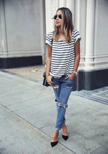 White and Black Striped Tee with Blue Ripped Knee Jeans