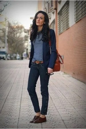 Navy Blazer with Blue and White Striped Tee & Oxford Shoes