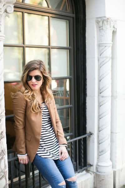 Camel Leather Blazer with Black and White Striped Tee