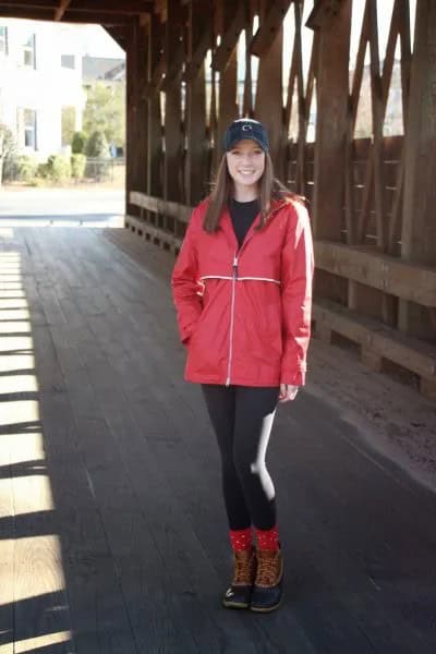 Red Rain Jacket with Black Leggings & Lace Up Ankle Boots