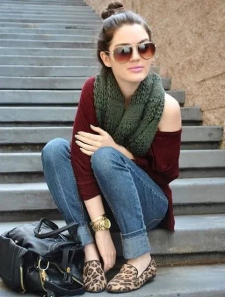 Leopard Print Loafers with Dark Green One Shoulder Sweater