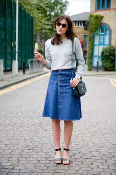 Grey Sweatshirt with Blue Flared Denim Knee Length Skirt